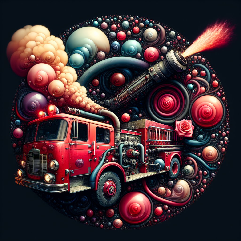 Colorful avatar featuring a stylized artistic rendition of a classic red fire engine surrounded by abstract spherical shapes and a hose with water spray.