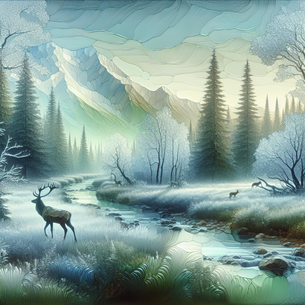 Stylized wilderness avatar featuring a serene landscape with a deer by the river, lush pine trees, and misty mountains in the background.