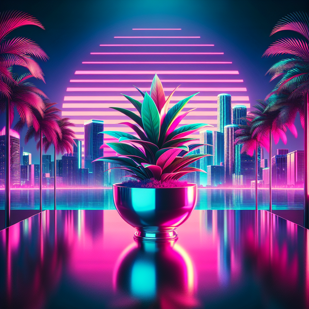 Vibrant avatar featuring a colorful potted plant with an 80s retro-futuristic cityscape and neon lights in the background.