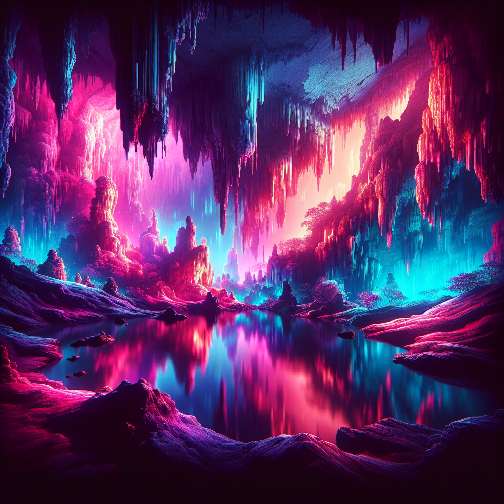 Vibrant digital art of a fantasy cavern with glowing pink and blue stalactites and stalagmites for an avatar.