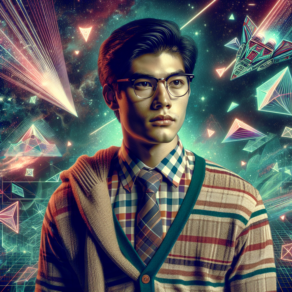 Preppy styled avatar with a young man wearing glasses and a patterned sweater against a vibrant abstract background.