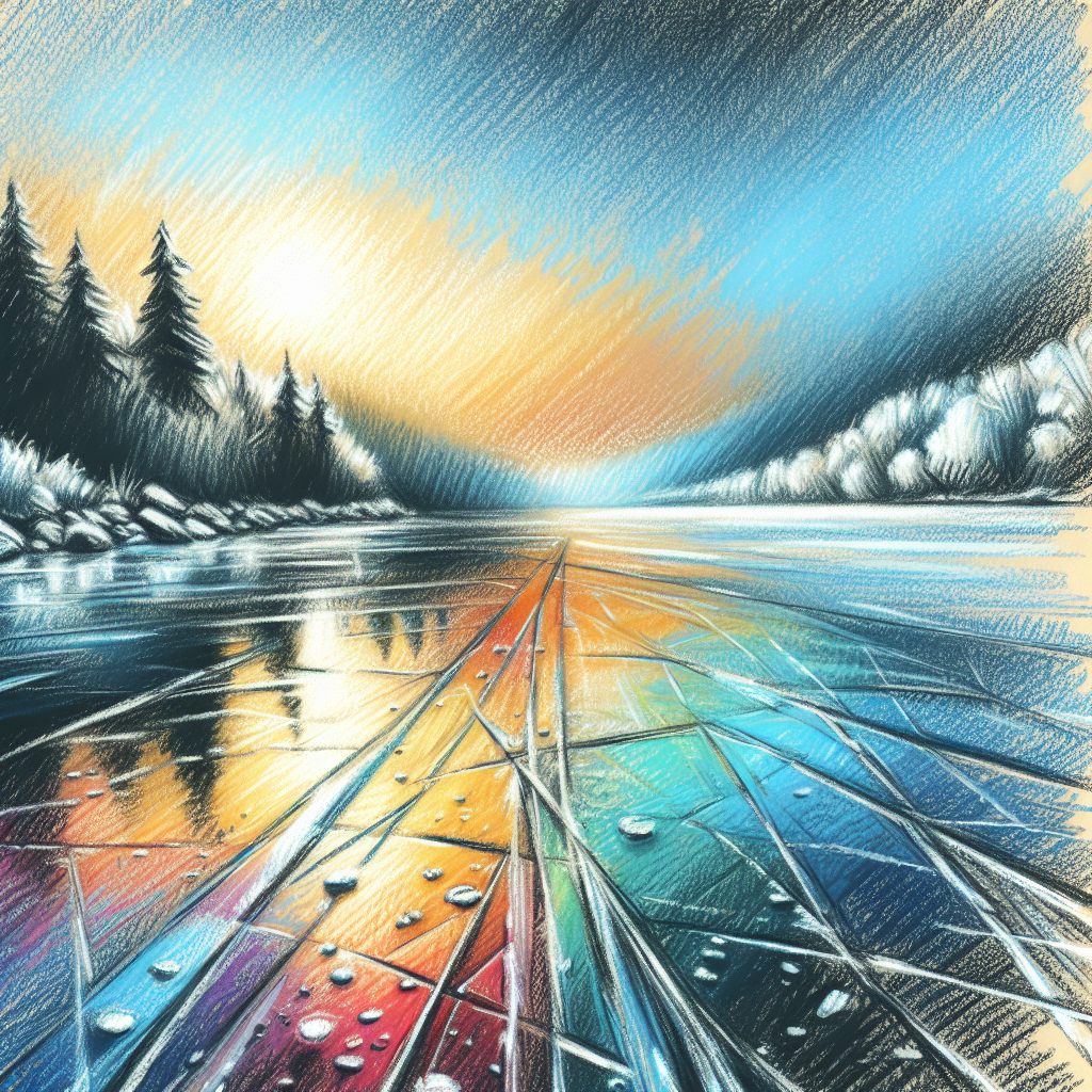 Artistic avatar image of a vibrant frozen lake with colorful reflections on ice, bordered by snowy trees, under a twilight sky.