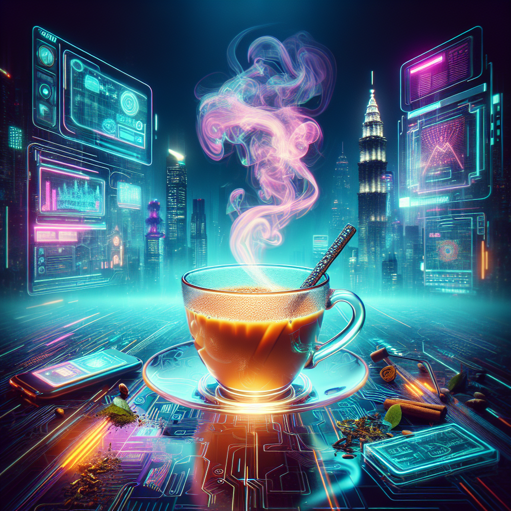 A vibrant avatar featuring a steaming cup of chai tea set against a futuristic cityscape, with neon lights and digital elements creating an engaging atmosphere.