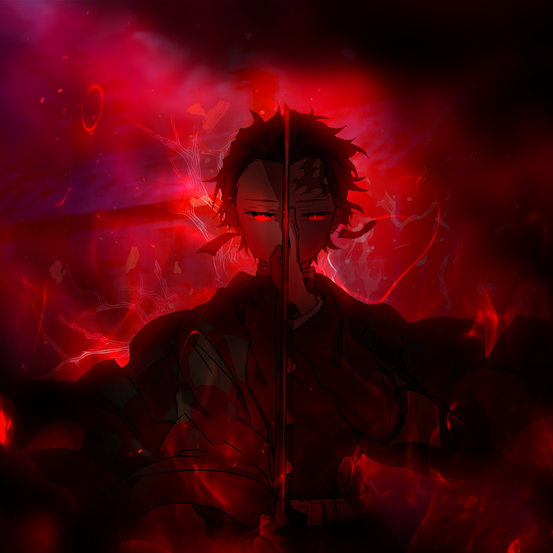 Forum avatar of Tanjiro Kamado (Demon Slayer: Kimetsu no Yaiba) — anime silhouette split by shadow, sword held vertical, engulfed in swirling red, smoky flames.