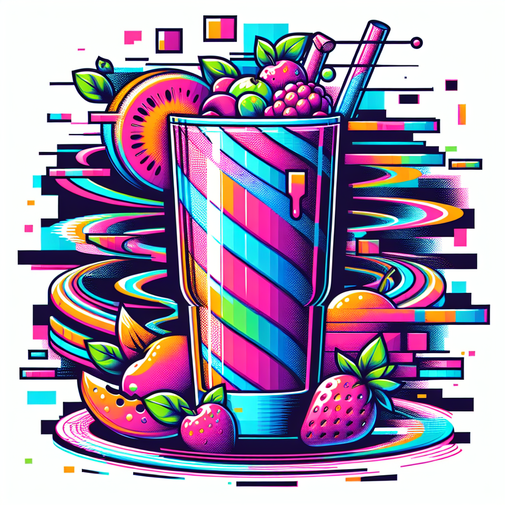 Colorful, stylized smoothie in a glass, surrounded by vibrant fruits like strawberries and oranges, creating a dynamic and energetic forum avatar.