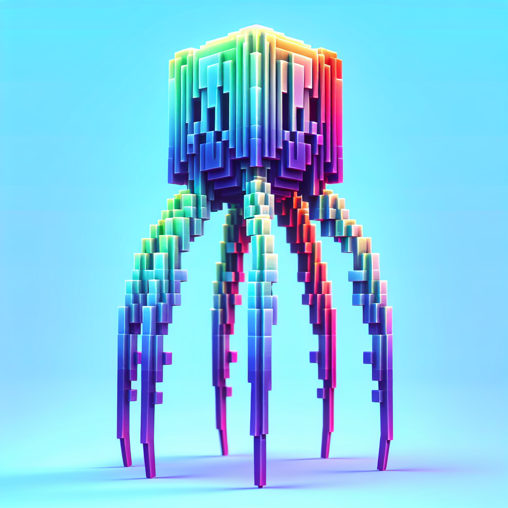 Colorful 3D-rendered abstract avatar depicting a geometric, multi-legged figure against a blue gradient background.