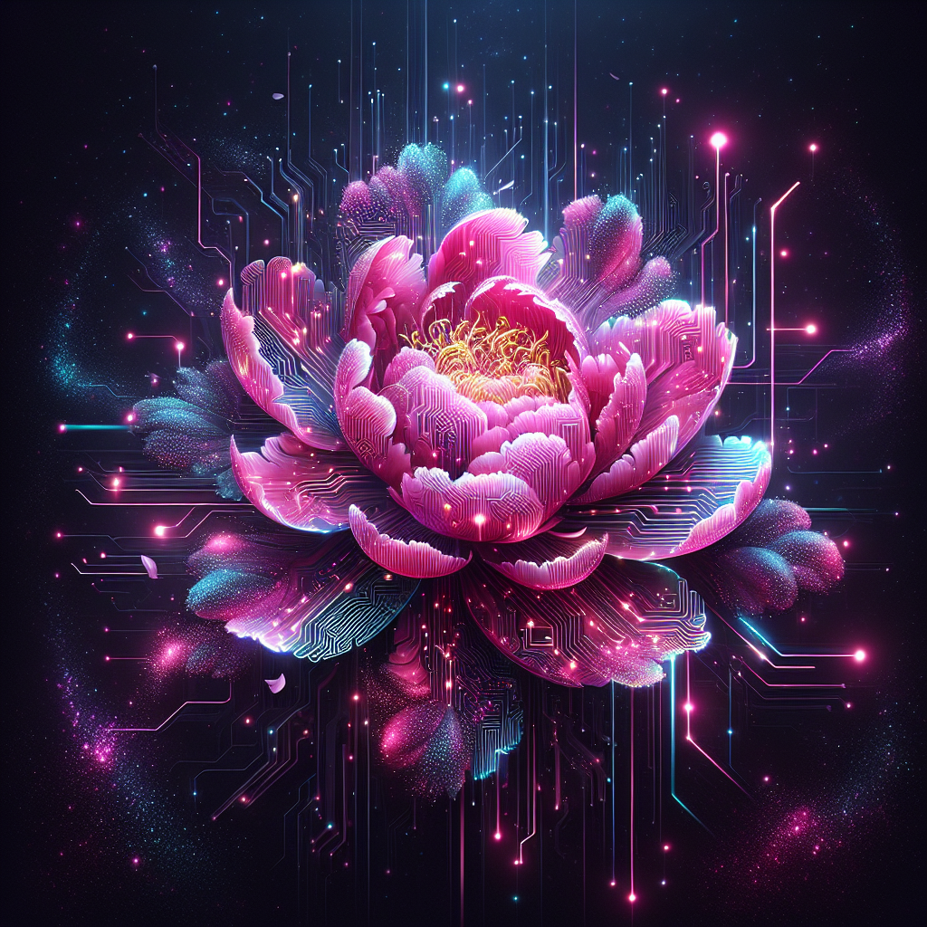 A vibrant digital peony glows with intricate details, surrounded by abstract circuits, making it a striking forum avatar or profile photo.