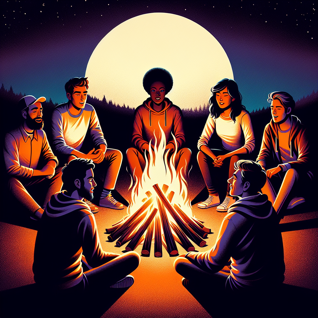 Illustration of a group of friends gathering around a bonfire at night for a profile avatar.