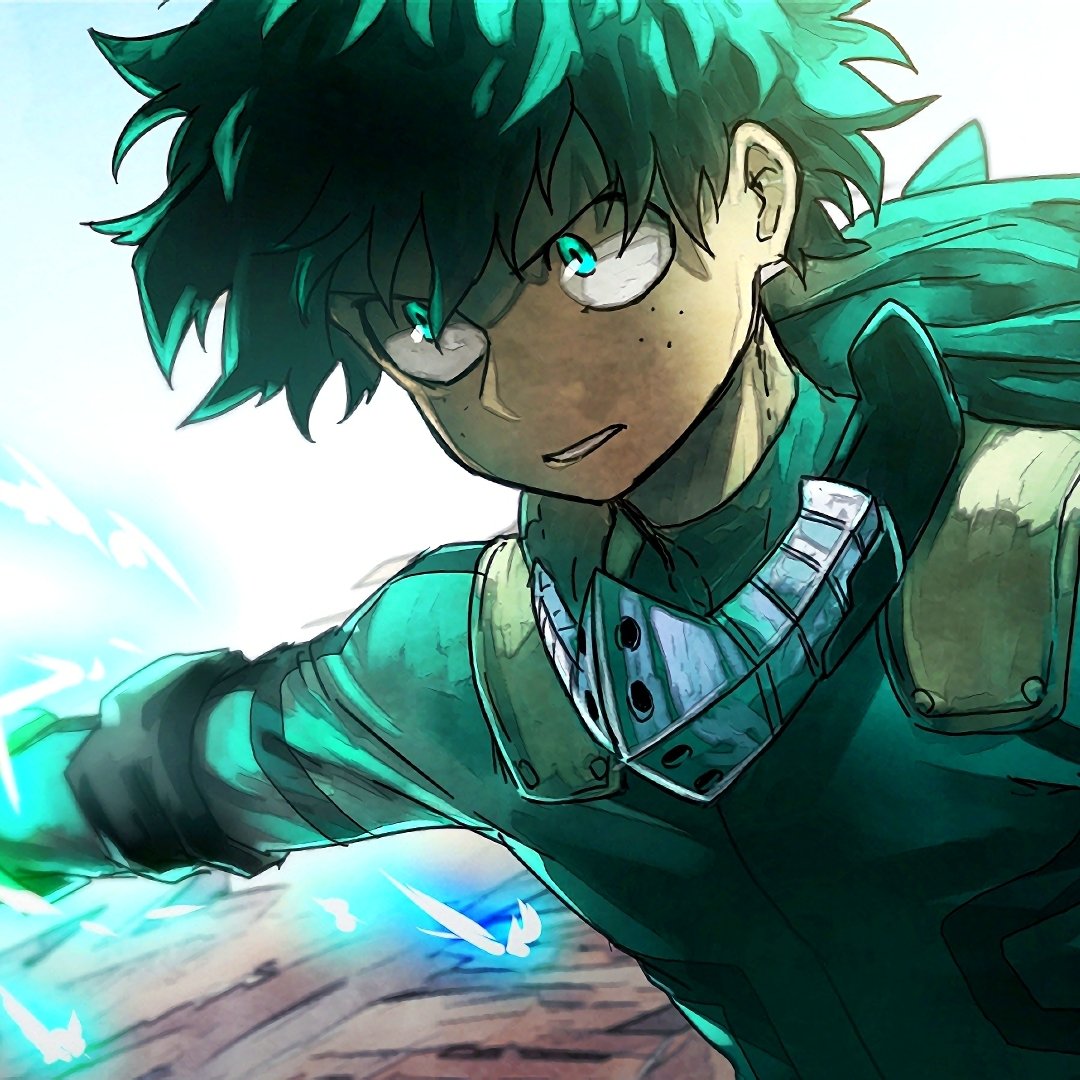 Anime-style profile image of Izuku Midoriya from My Hero Academia, showcasing him in action with intense expression and glowing green energy effects.