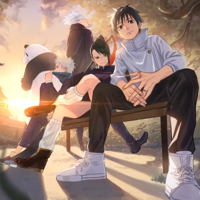Anime forum avatar/profile photo of Jujutsu Kaisen 0 characters Yuta Okkotsu and Maki Zenin seated on a bench at sunset, relaxed poses and warm, golden lighting.