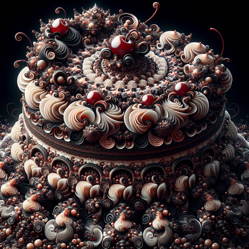 A vibrant and intricate representation of a black forest cake, featuring layers of chocolate, cream, and cherries, designed as a forum avatar. Rich in detail and visually striking.