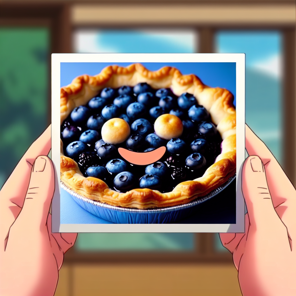 Avatar of a cartoonishly styled blueberry pie with a cheerful facial expression, held up by two hands against a blurred background.