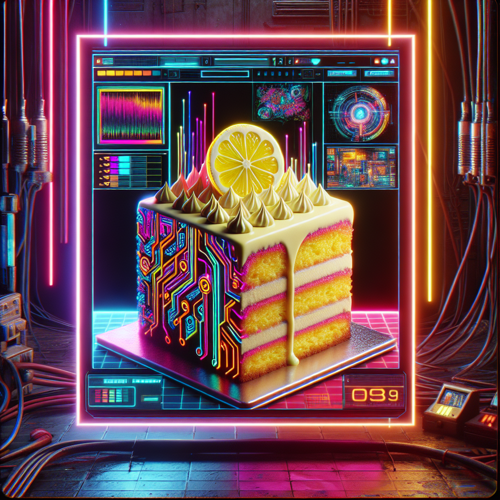 A vibrant lemon drizzle cake with colorful circuitry details sits on a pedestal, illuminated by neon lights, making it a striking choice for a forum avatar.