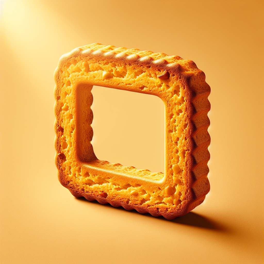 A unique forum avatar depicting a golden biscotti with a square cutout in the center, set against a soft orange background, highlighting its delicious texture.