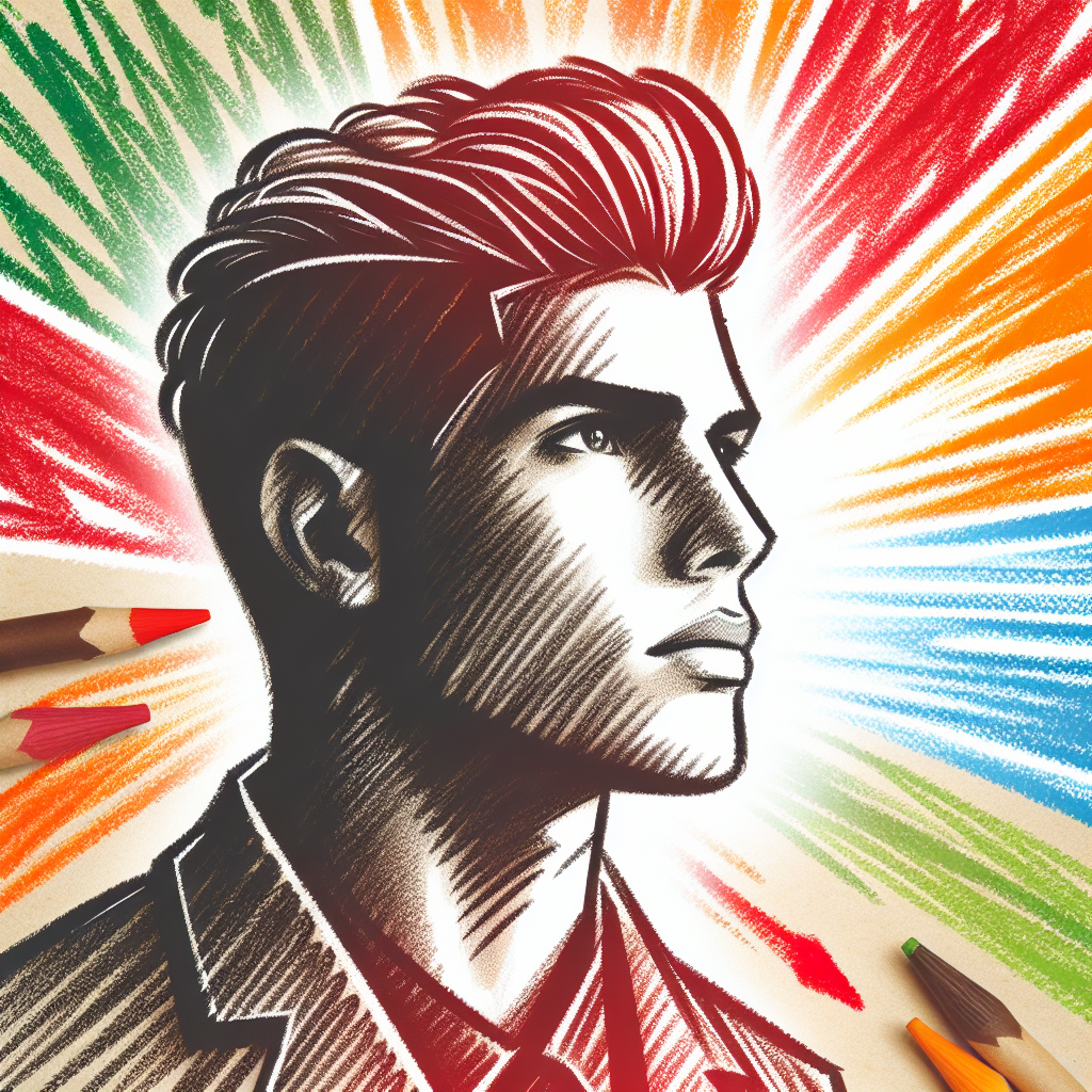 Illustrated avatar of a stylized man with vibrant color burst background for profile picture.