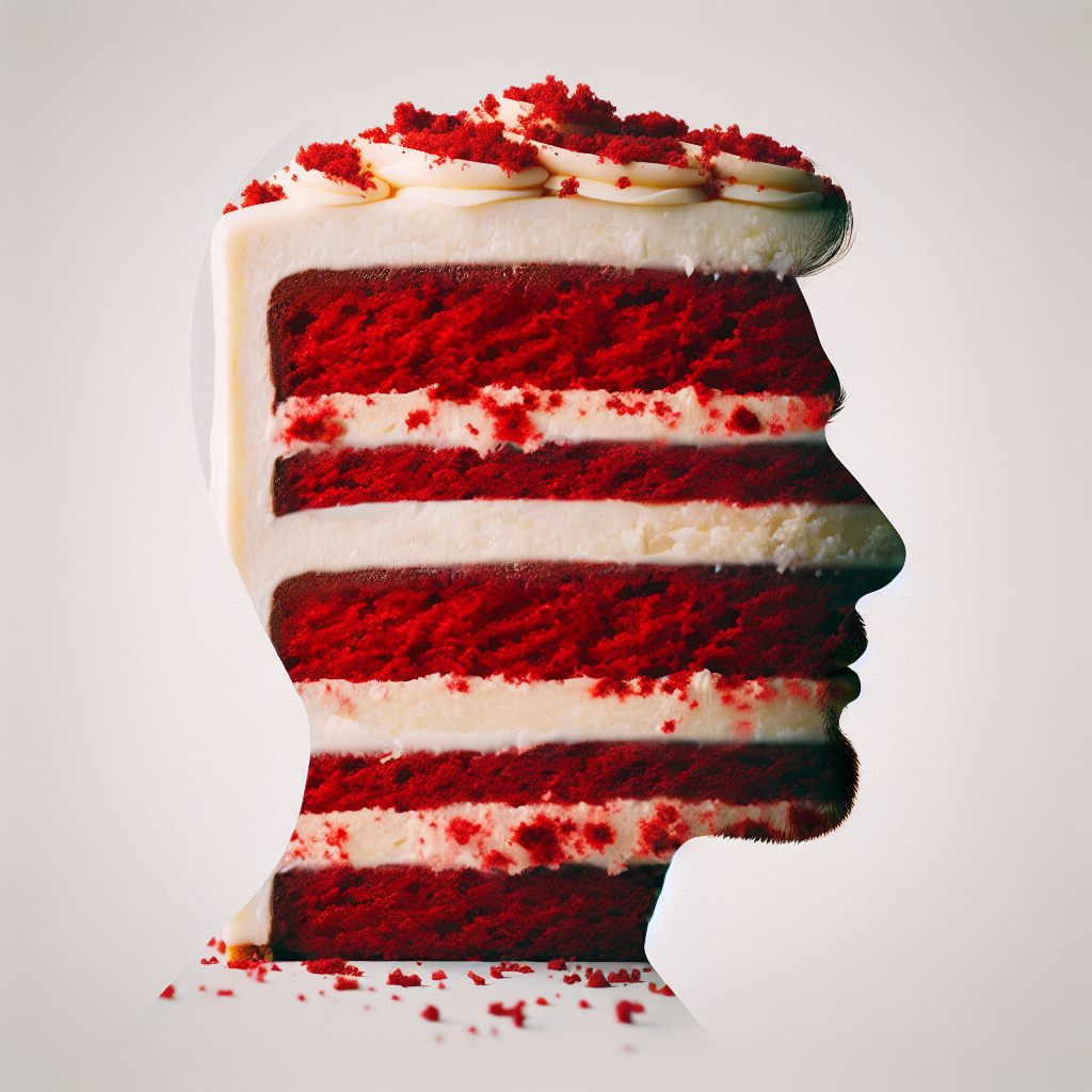 Creative profile picture of a red velvet cake shaped like a human silhouette.