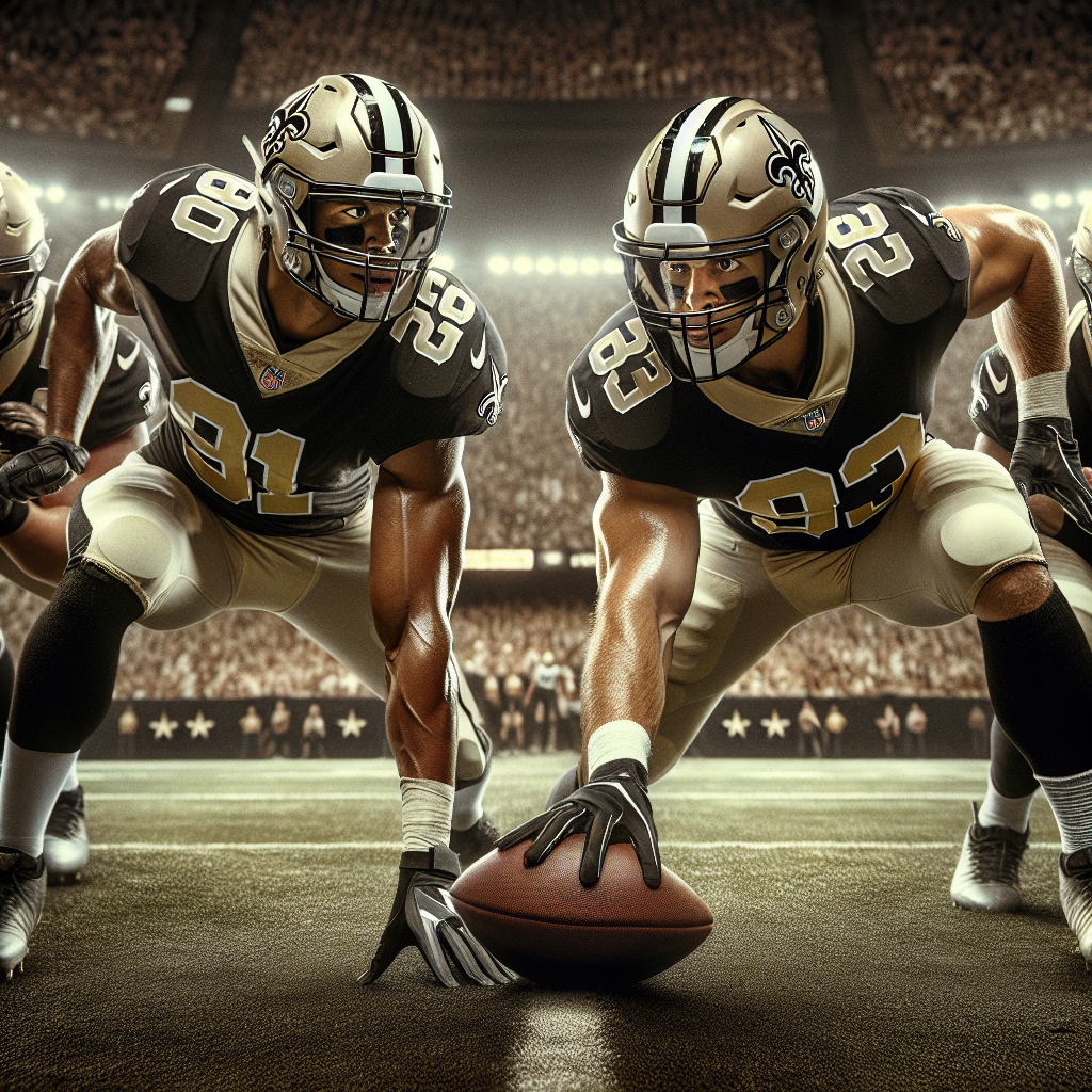 A dynamic forum avatar featuring two New Orleans Saints players in action, poised over a football on the field, showcasing intensity and team spirit.