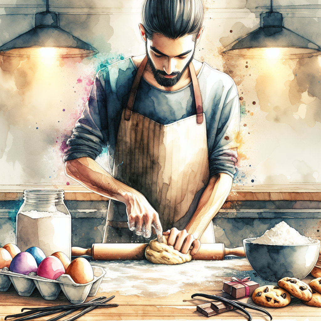 A detailed illustration for a forum avatar, featuring a man in an apron baking cookies, surrounded by ingredients like eggs, flour, and chocolate. The scene captures the joy of cookie baking.