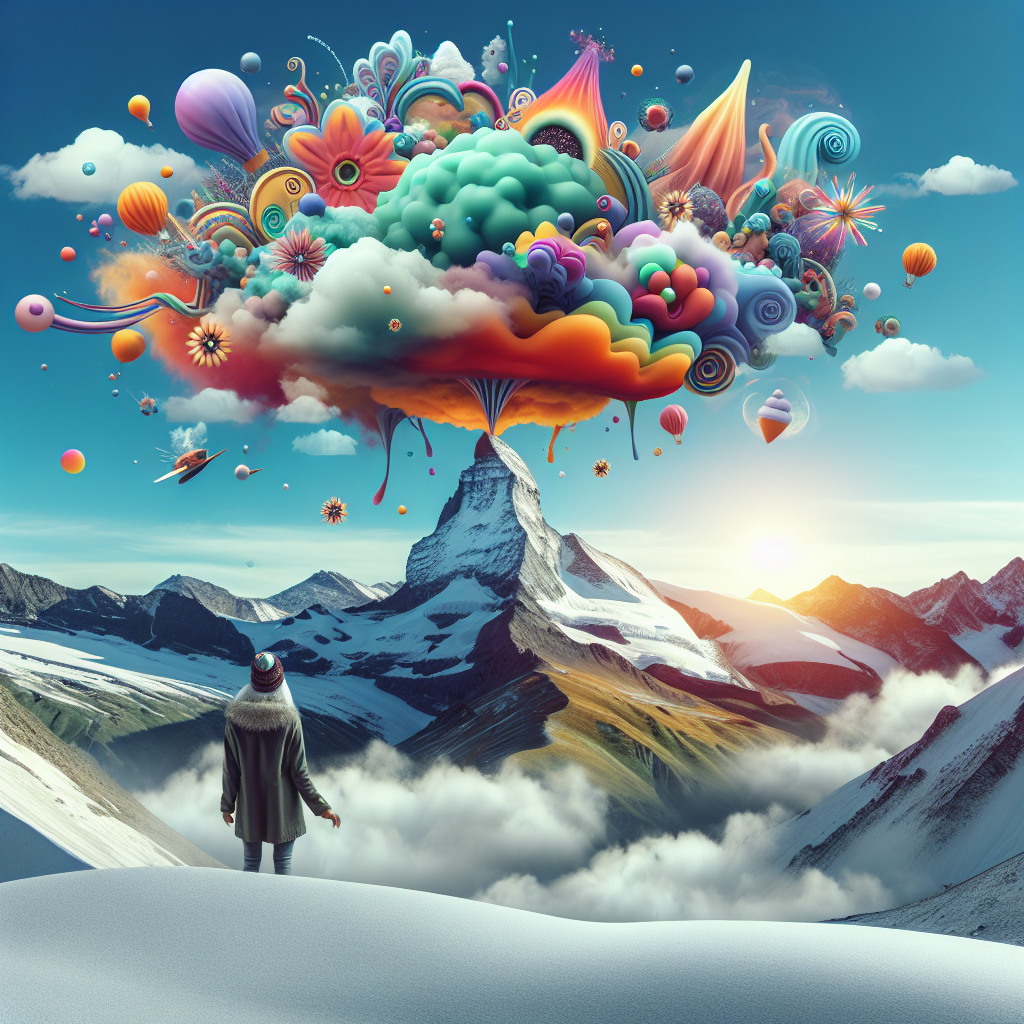 Avatar of a person gazing at a vibrant, surreal burst of colorful clouds above a snowy mountain landscape.