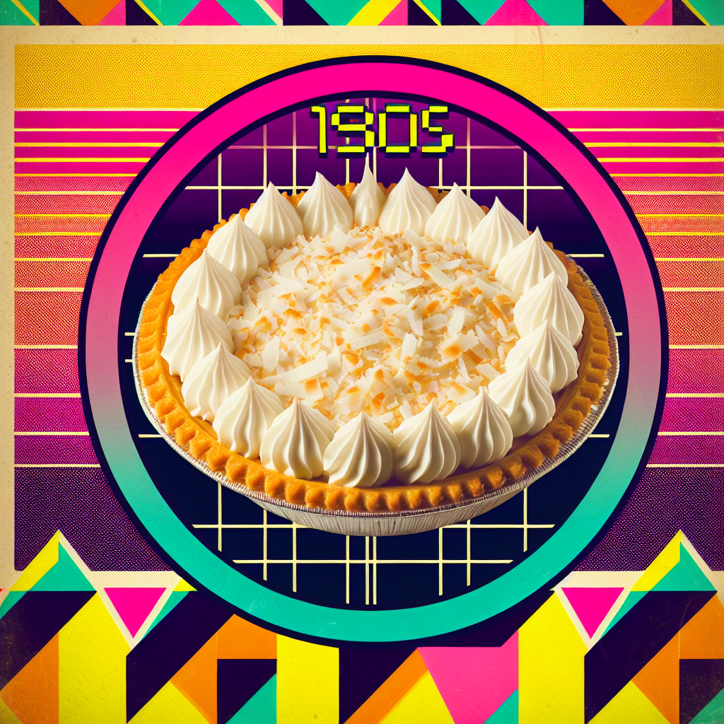 Stylized avatar of a coconut cream pie with whipped cream topping on a retro 1980s-inspired geometric background.