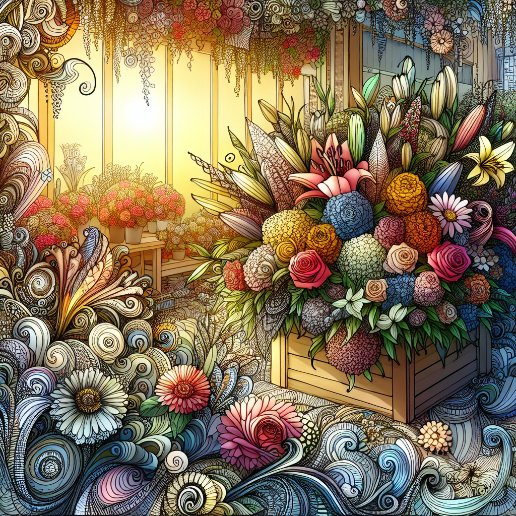 Colorful illustrated avatar of a whimsical flower shop with an array of vibrant flowers and intricate designs.