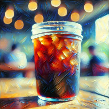 A vibrant cold brew coffee in a glass jar, filled with ice, set against a softly blurred background of warm lights, serving as a unique forum avatar.