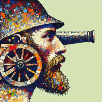 A colorful avatar featuring a profile of a bearded man in a helmet, with a cannon barrel extending from his head, set against a light green background.