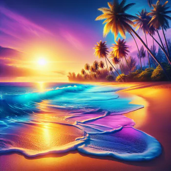 Vibrant tropical beach sunset with palm trees for an avatar, highlighting a colorful shoreline.