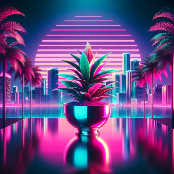 Vibrant avatar featuring a colorful potted plant with an 80s retro-futuristic cityscape and neon lights in the background.