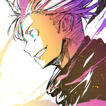 Anime-style profile avatar of Satoru Gojo from Jujutsu Kaisen, showcasing his spiky white hair and confident smile in vibrant, dynamic colors.