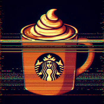 Digital avatar featuring a stylized glitch art coffee cup with cream topping and the Starbucks logo, symbolizing pumpkin spice flavor.