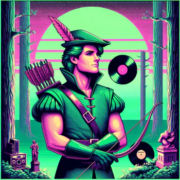A vibrant forum avatar featuring Robin Hood, depicted with an archery bow, musical vinyl records, and surrounded by a stylized forest backdrop in bold colors.