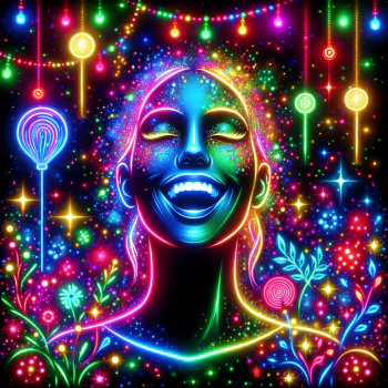A vibrant and festive profile photo featuring a smiling woman illuminated by colorful neon lights and surrounded by sparkles and whimsical decorations.