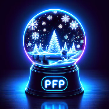 Illuminated neon blue snow globe with trees and snowflakes, labeled PFP, used as a profile picture.