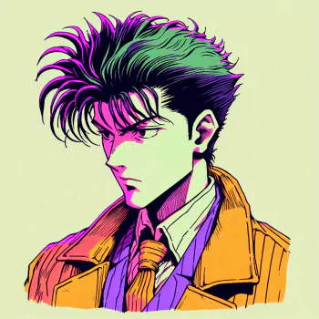 A vibrant avatar featuring a stylized character with spiky green and purple hair, wearing a yellow coat and a striped tie, set against a light green background.
