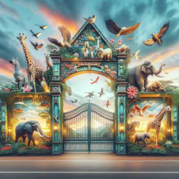 Fantastical zoo entrance avatar featuring a blend of wild animals and a majestic gate with a sky background.