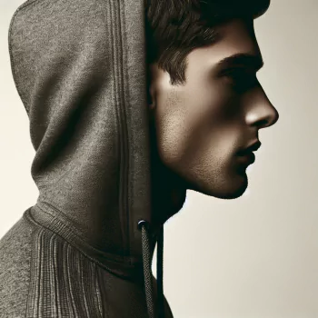 Profile photo featuring a young man in a gray hoodie, captured in a side view that highlights his facial features and the elegant drape of the garment.