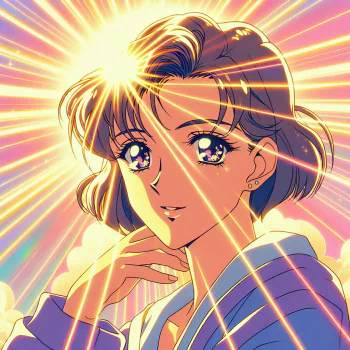 An anime-style portrait of a young woman with sparkling blue eyes and a warm smile, framed by radiant beams of light, evoking a sense of positivity and charm.