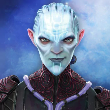 Avatar of a blue-skinned alien character with striking white features from the TV show Star Trek: Prodigy.