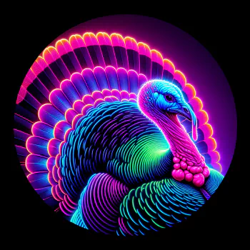 Vibrant neon-colored turkey avatar with an artistic circular background.