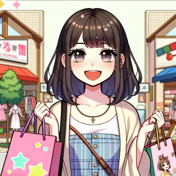 Happy animated avatar of a girl with shopping bags in a lively shopping district.