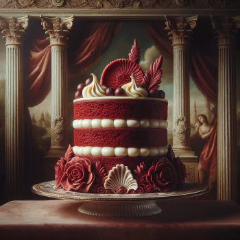 A beautifully decorated red velvet cake with intricate designs sits elegantly on a cake stand, serving as a vibrant forum avatar.