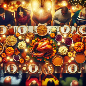 A warm Thanksgiving dinner scene featuring a beautifully arranged table with a golden turkey, sides, and pumpkin decorations, surrounded by people enjoying the festive atmosphere.