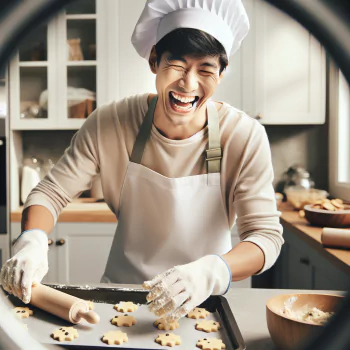 A cheerful baker wears a chef's hat and apron while cutting cookie dough. Laughter fills the kitchen, making this a lively avatar for a cookie baking enthusiast.