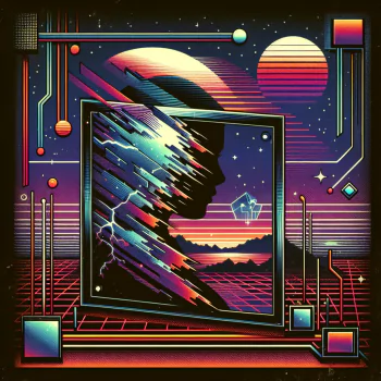 Retro-futuristic avatar with a profile silhouette against a cosmic landscape, featuring vibrant neon colors and geometric shapes.