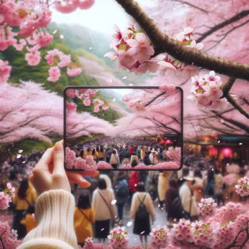 Person capturing the vibrant cherry blossom festival on a smartphone, surrounded by blooming pink sakura trees.