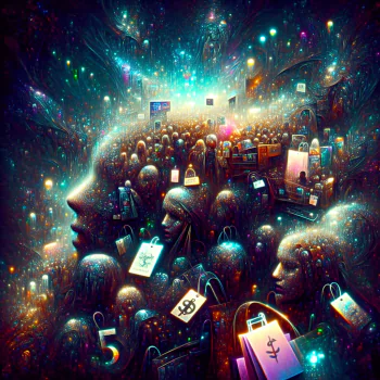 Abstract cosmic Black Friday themed avatar featuring a bustling crowd of starry silhouettes shopping with colorful bags under a galaxy-lit sky.