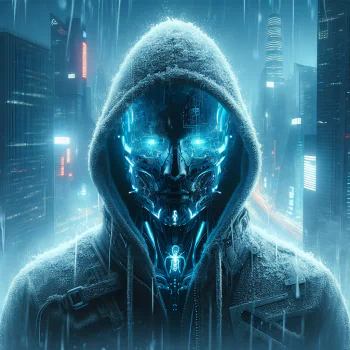 A futuristic profile photo featuring a mysterious figure with a cybernetic face and glowing blue accents, shrouded in a hood, set against a neon cityscape in rain.