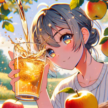 Illustration of a smiling person with a glass of sparkling cider, apples around, for a cheerful avatar with a cider theme.
