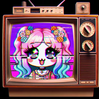 A kawaii-style avatar featuring a cute character with pastel hair, big sparkling eyes, and flowers, displayed on a retro television with vibrant, glitchy colors.